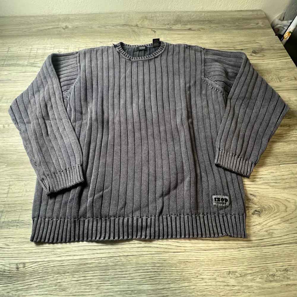 IZOD Jeans Sweater Mens L Blue Ribbed Knit Crew Neck Cotton Pullover Vintage 90s